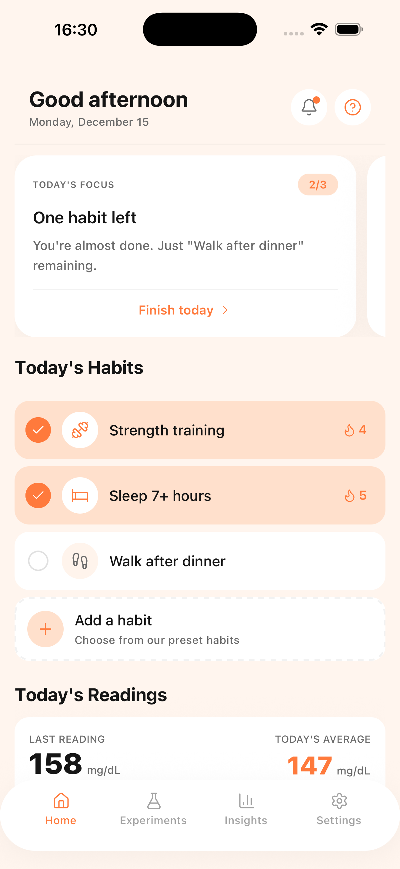 GlucoHab Home Screen showing habit tracking interface